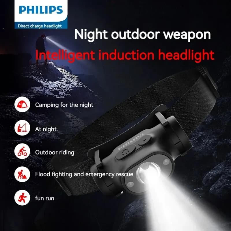 Lampe frontale Philips LED avec détecteur de mouvement rechargeable USB-C pour pêche et camping