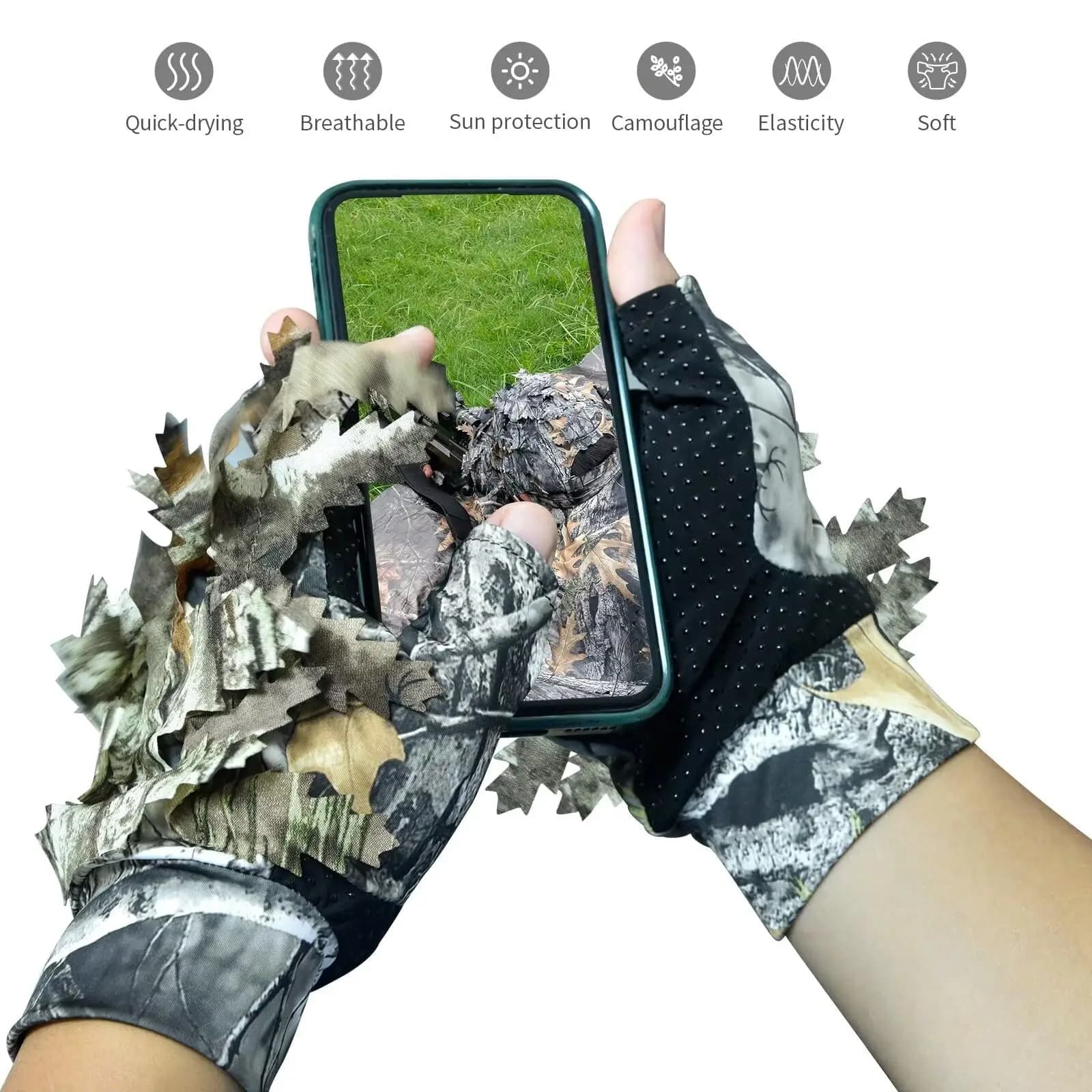 Gants camouflage chasse 3D feuillage léger anti-dérapage demi-doigts pêche sport