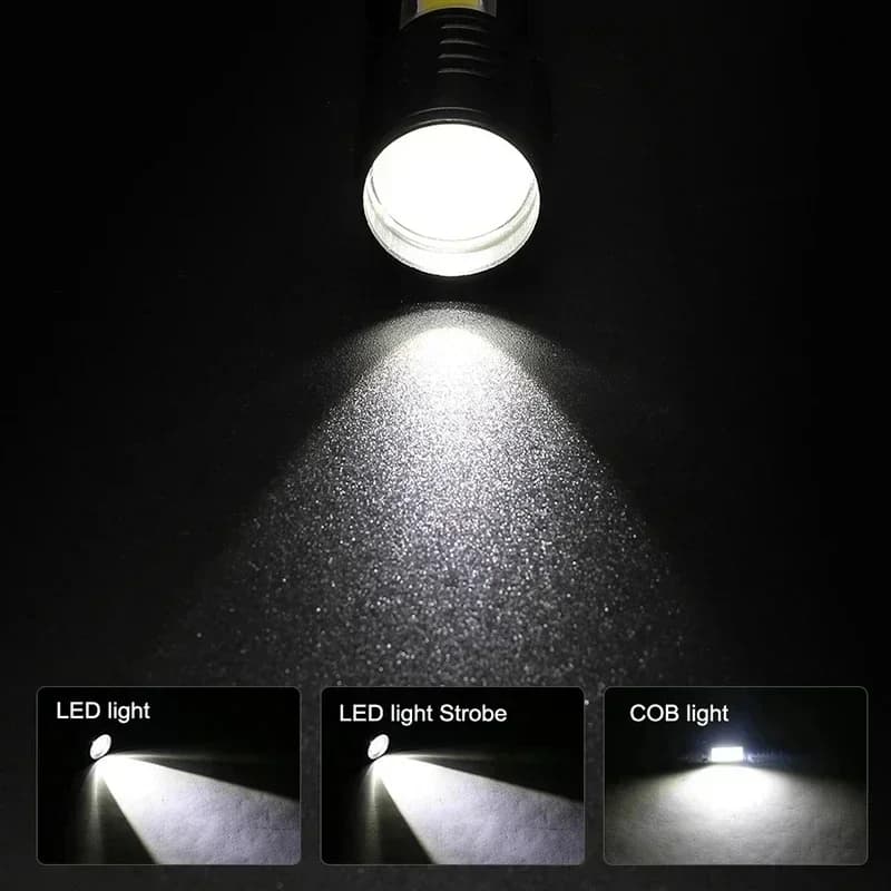 Lampe torche COB+XPE zoomable rechargeable USB pour camping, pêche et urgences longue portée