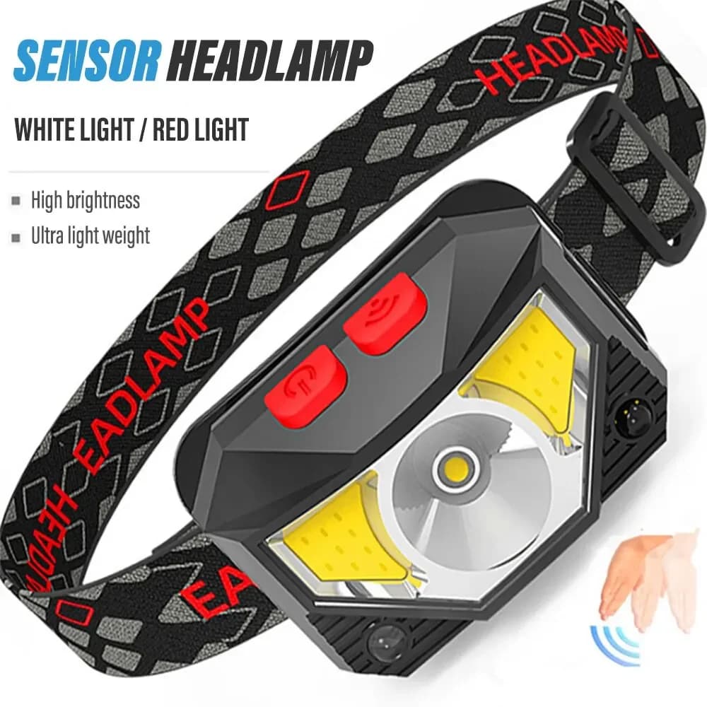 Lampe frontale rechargeable à capteur COB et LED 8 modes lumière blanche et rouge pour pêche