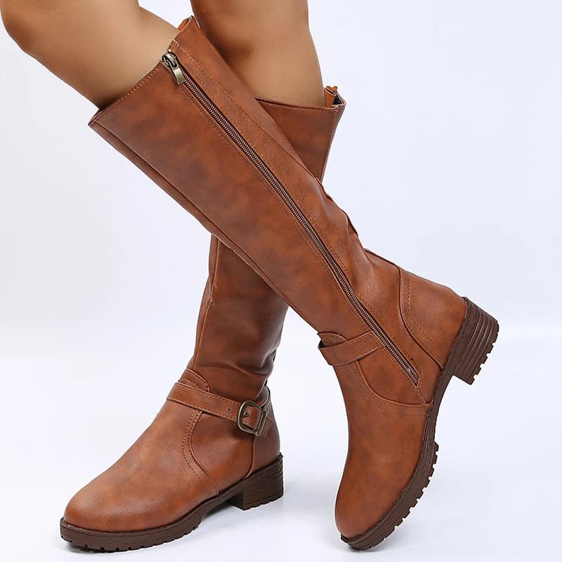 Bottes genou marron vintage femmes grande taille talon bas cuir PU automne hiver pêche