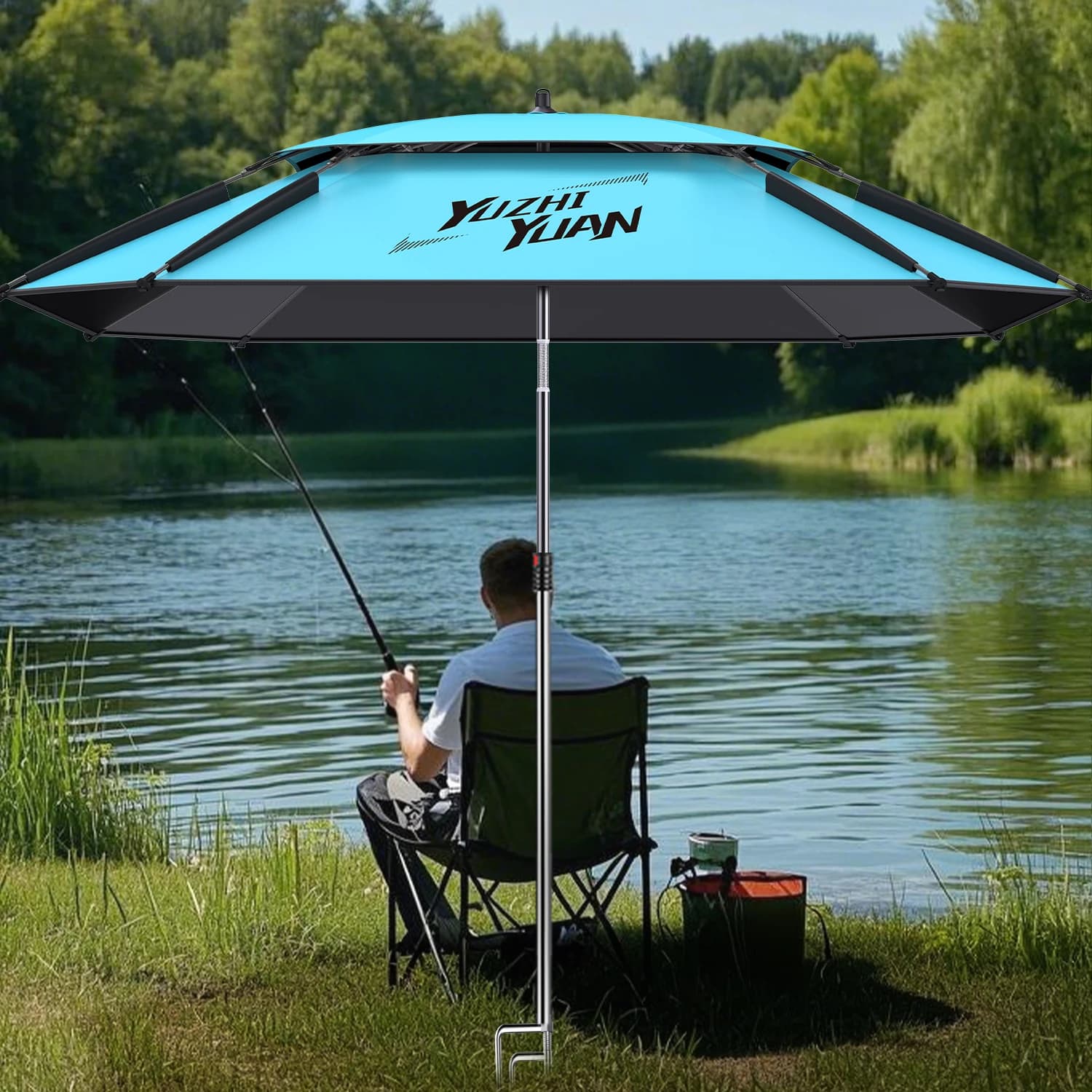 Parapluie de pêche et ombrage noir - Côtes renforcées, perche flexible, double couche respirante