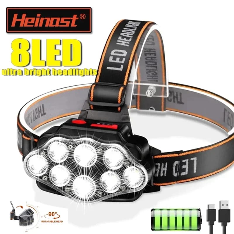 Lampe frontale pêche rechargeable USB haute luminosité 8 LED 4 modes IPX4 étanche pour activités extérieures