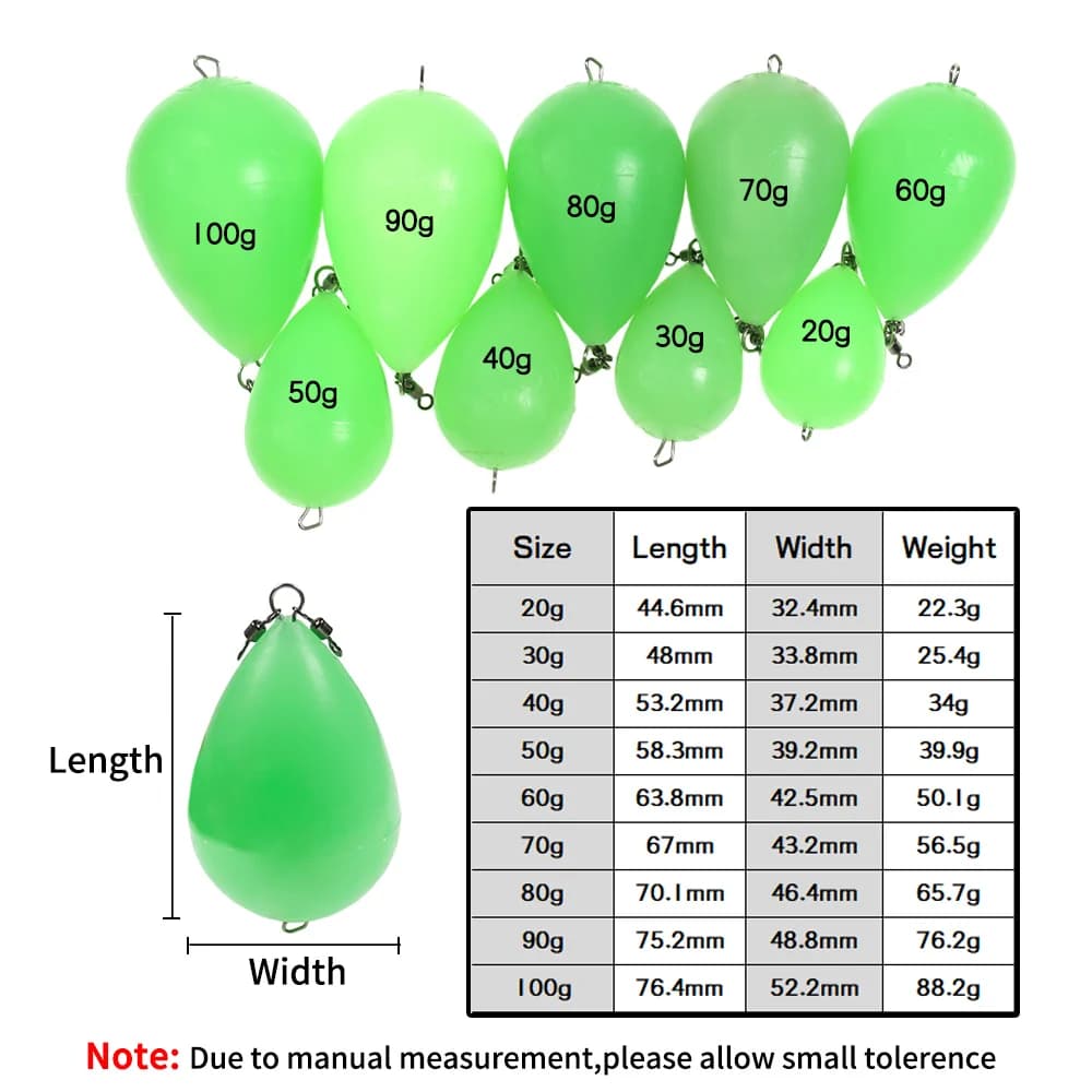 Bobber lumineux œuf vert 20g à 100g pour pêche de nuit et grande distance en mer