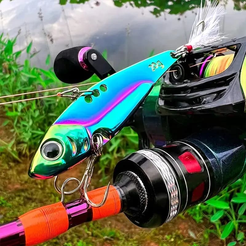 Leurre métal VIB 20g pêche du bar avec séquins et yeux 3D pour tous les niveaux d'eau