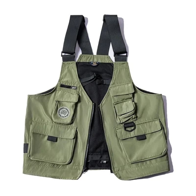 Veste tactique pêche multi-poches avec sac solide et bretelles larges pour équipement