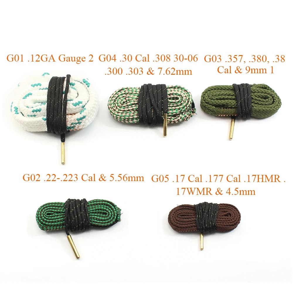 Nettoyeur canon fusil corde brosse 5.56mm/.223/.22/9mm/.380/12GA/.30cal/.308 pêche chasse