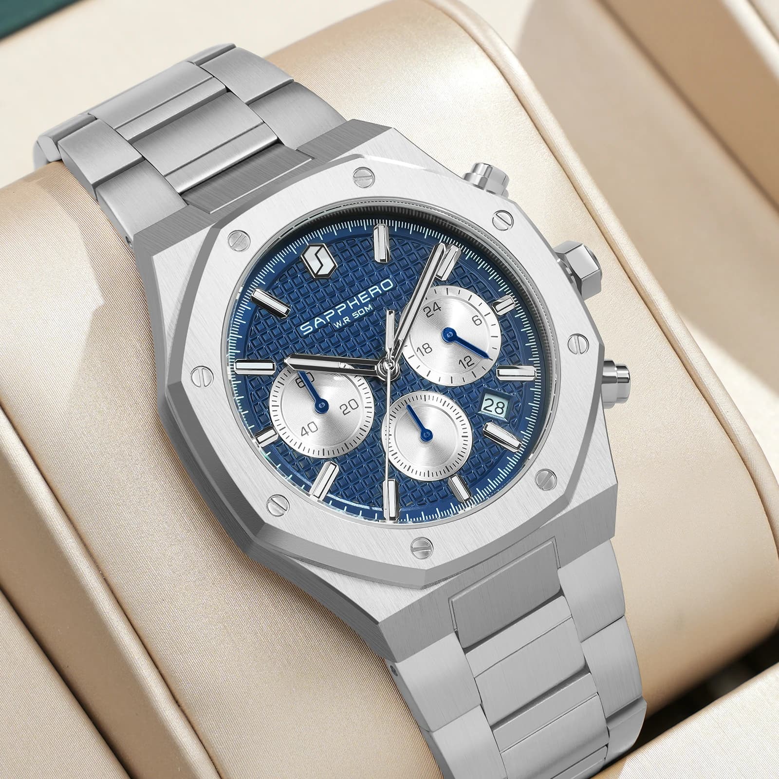 Montre homme SAPPHERO étanche chronographe aiguilles lumineuses acier inoxydable cadeau professionnel