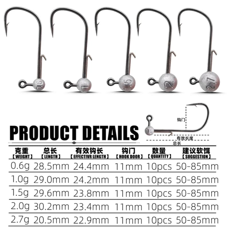 Têtes de Jig Ultra Légères 0.6g à 2.7g pour Leurre Souple, Hameçons Mini pour Pêche aux Leurres