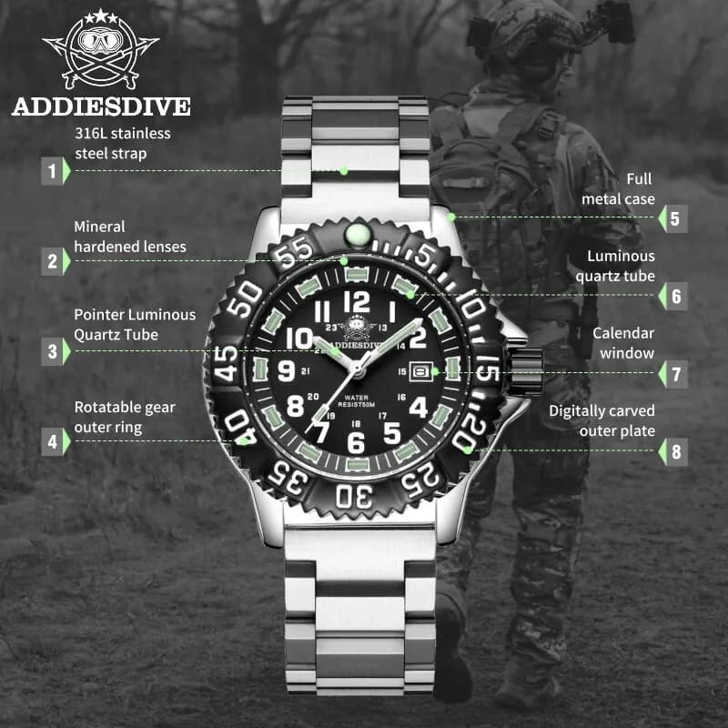 Montre plongée Addies Dive 50m étanche - Cadran noir lumineux - Lunette tournante - Style casual homme