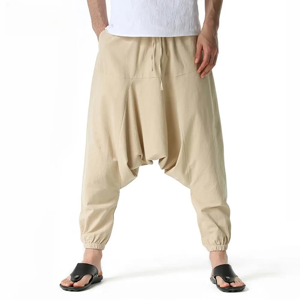Pantalon harem homme coton lin baggy oversize loose jogger pêche confort yoga