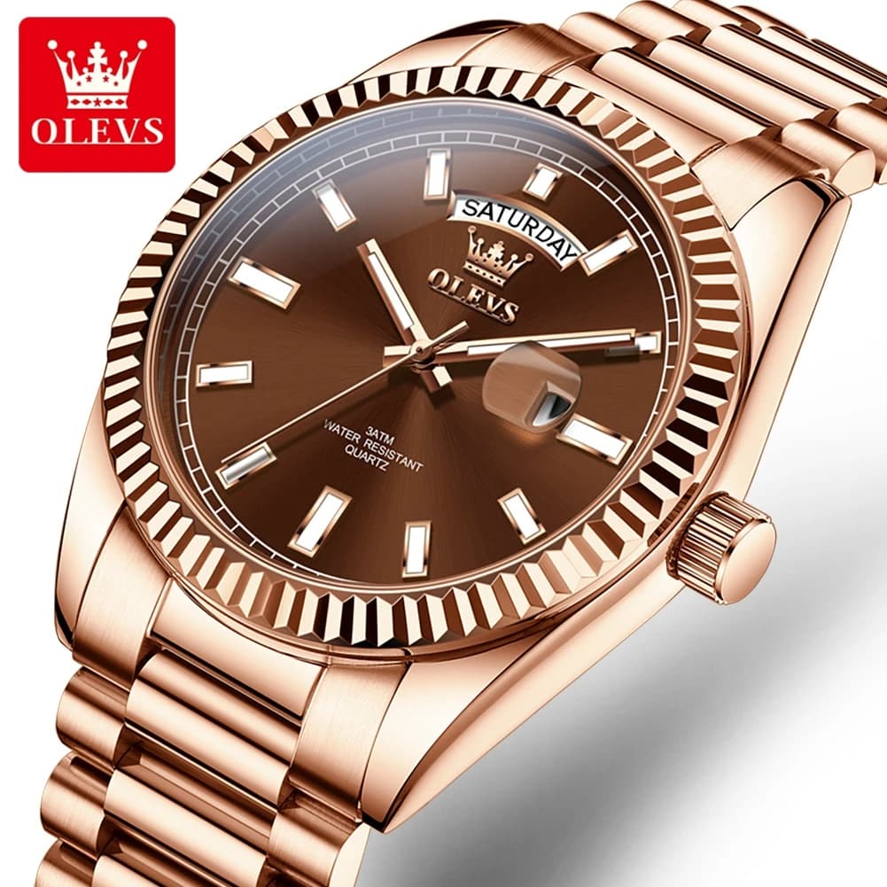 Montre homme luxe OLEVS étanche or rose acier inoxydable affichage date jour mouvement quartz