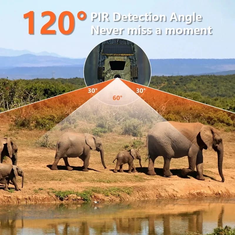 Caméra de chasse solaire 5K 60MP WiFi étanche IP66 grand angle vision nocturne surveillance