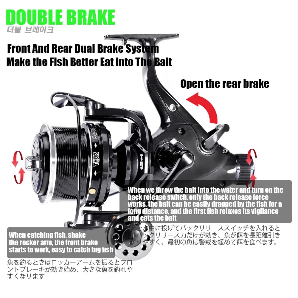 Moulinet carpe double frein 27KG 12+1BB - Pour pêche en mer et eau douce avec accessoires complets
