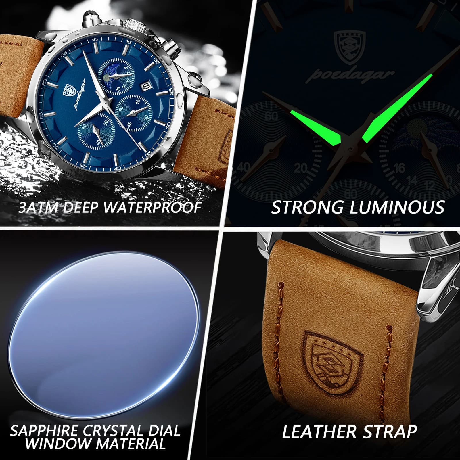 Montre homme luxe étanche chronographe militaire sport pêche avec cadran lumineux et bracelet cuir