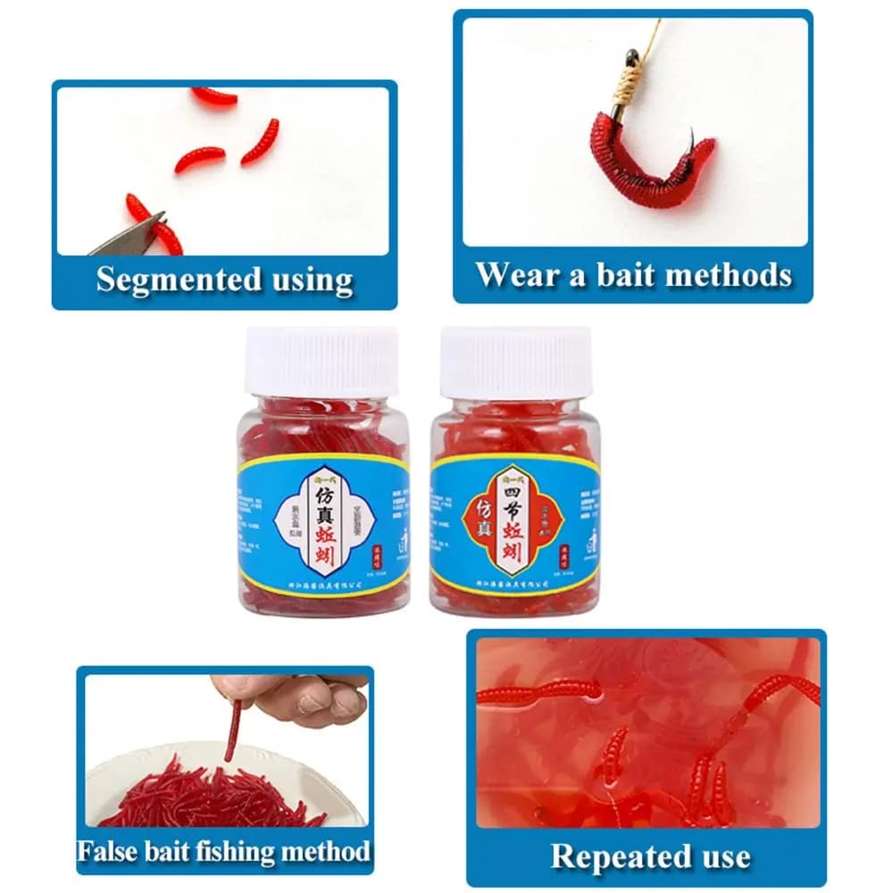 100 vers rouges réalistes senteur poisson pour bar et brème, appâts souples pêche