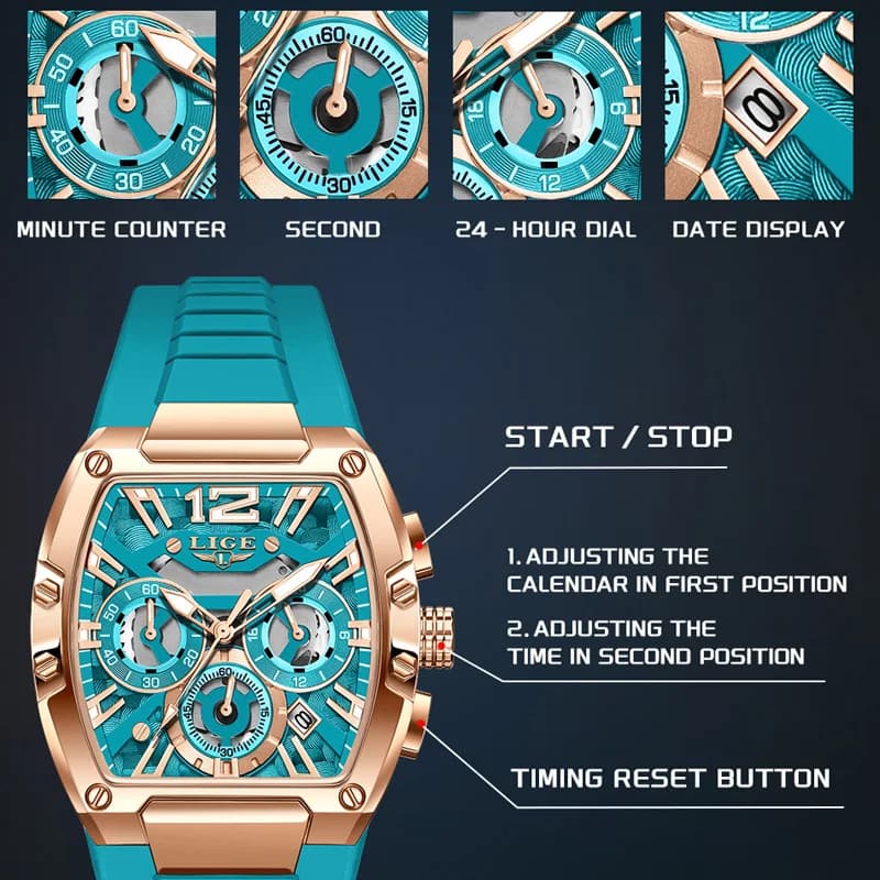 Montre homme sport LIGE chronographe étanche bracelet silicone lumineux design tonneau aéré