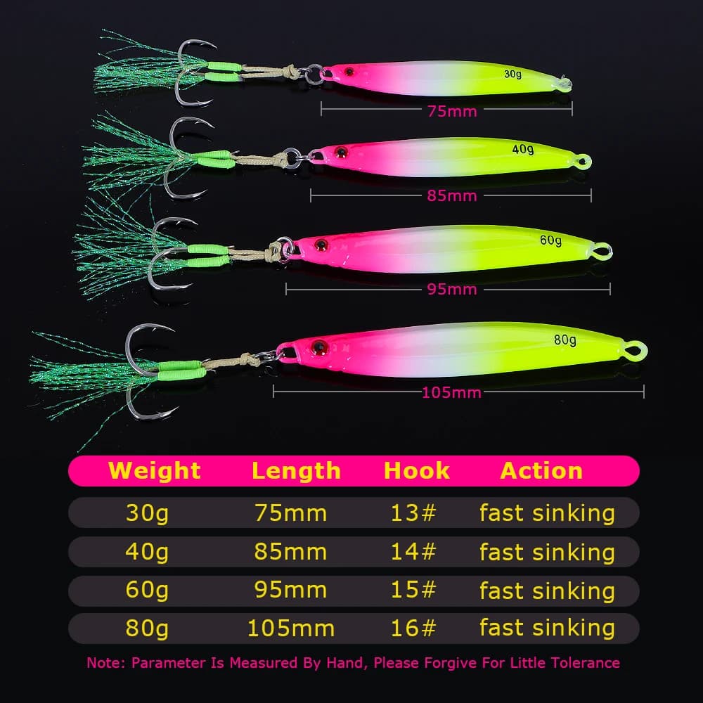 Leurre de pêche jigging lumineux TOLU 30g 40g 60g 80g coulé rapide pour la pêche en