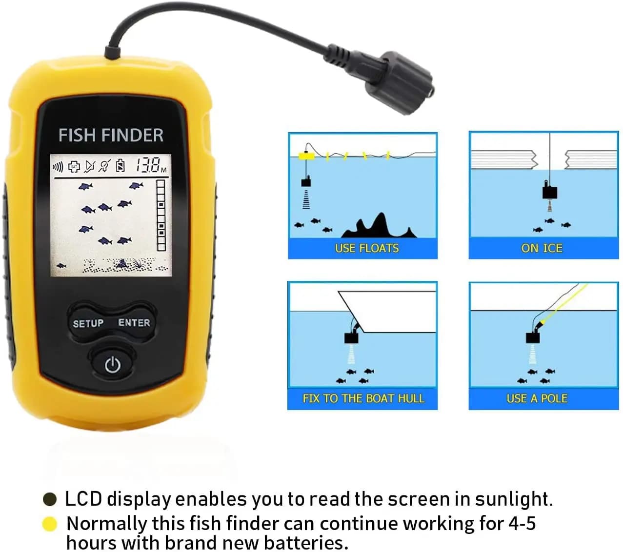 Détecteur de poissons portable Alarm 100M avec sonar 45° - Sondeur écho avec alarme pour pêche lac et mer