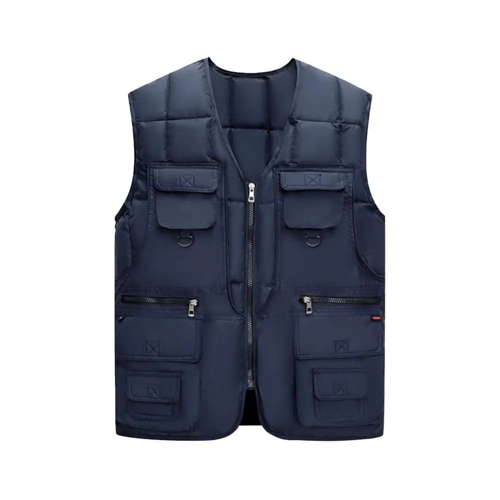 Gilet homme sans manches duvet 10 poches cargo zippé coupe-vent chaud veste multi-poches pêche