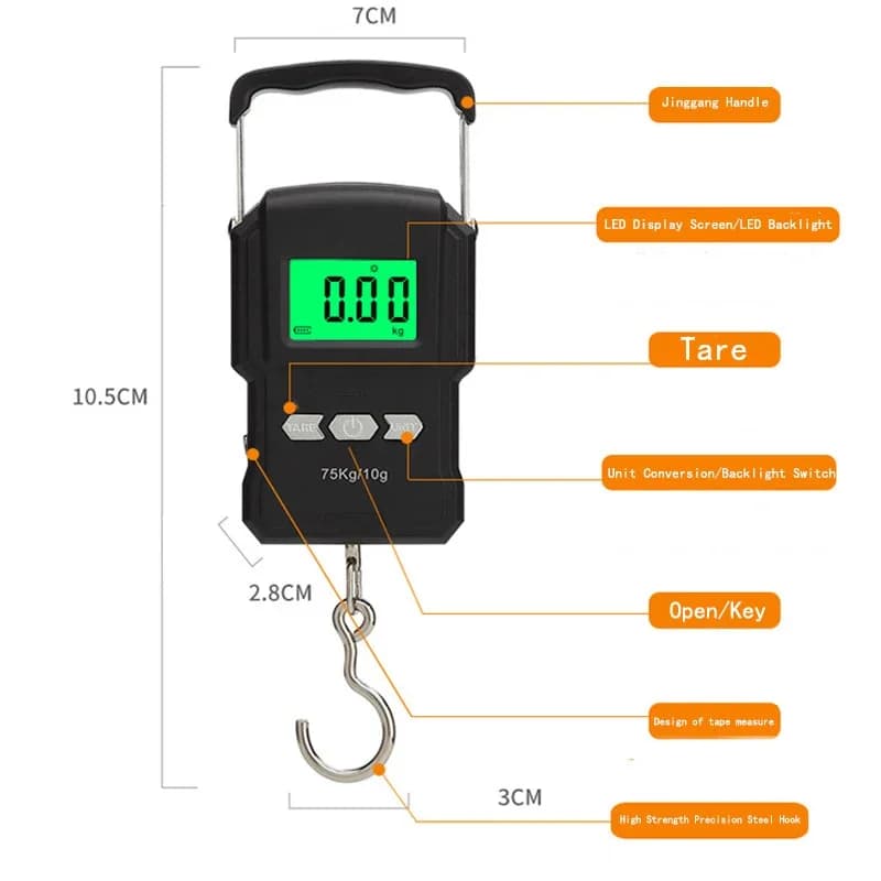 Balance numérique rechargeable pêche 75kg/10g avec mètre ruban - Pèse-poisson LCD haute capacité
