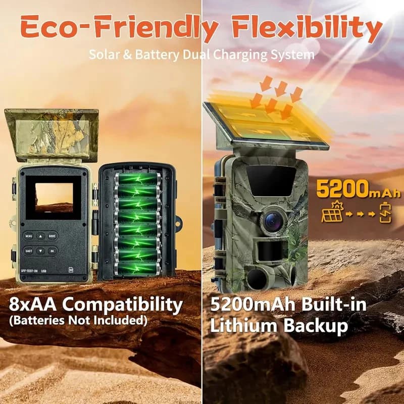 Caméra trail solaire WiFi 5K 60MP étanche IP66 avec contrôle APP et angle large 120°