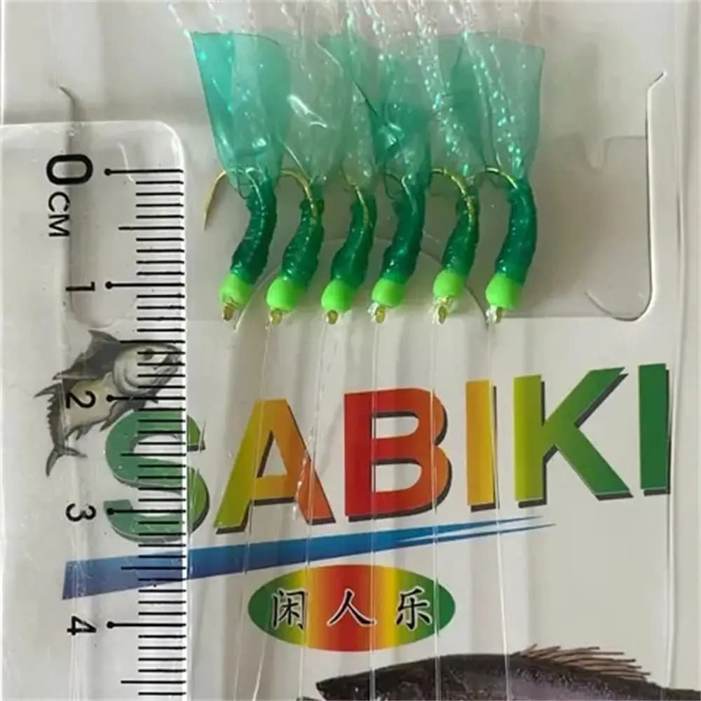 Sabiki rig caoutchouc vert avec plumes et hameçons dorés - Leurres mer acier carbone pour pêche appâts