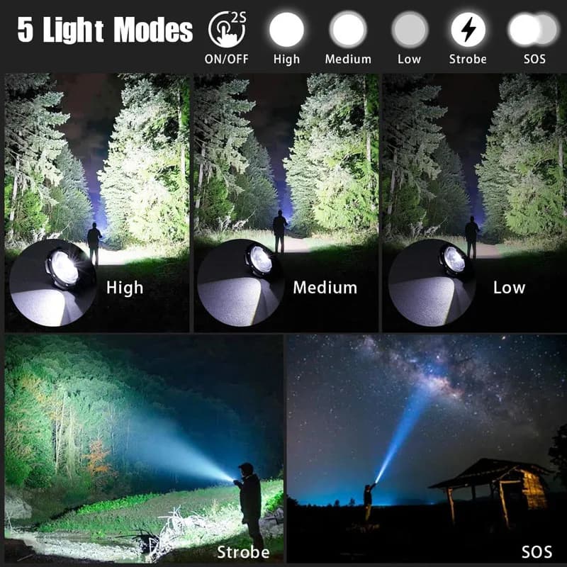 Lampe torche tactique LED rechargeable haute puissance zoom télescopique alliage aluminium pêche camping
