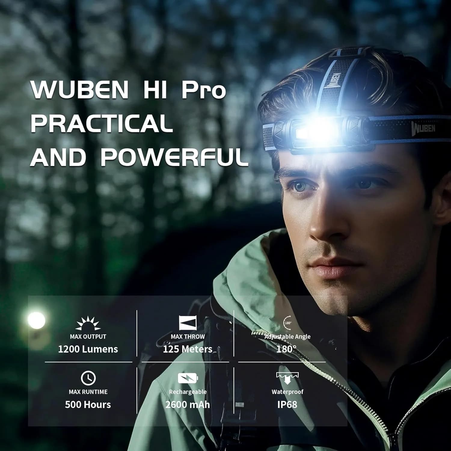 Lampe frontale WUBEN H1 PRO 1200 lumens rechargeable 11 modes étanche pour pêche chasse et camping