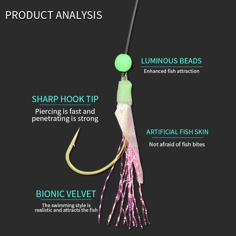 Hameçons Sabiki lumineux ZYZHE pour pêche en mer et eau douce - 6 hameçons peau de poisson réelle