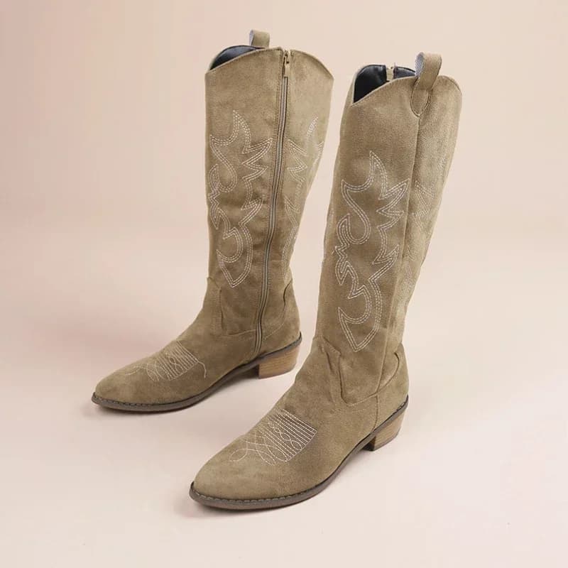 Bottes cowboy brodées femme automne - Bottes genou pointues talon épais cuir PU