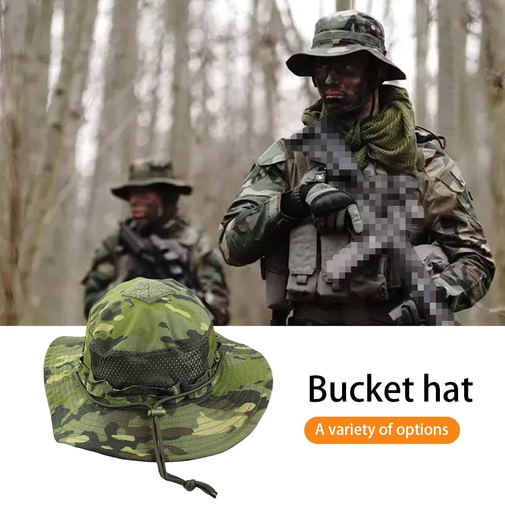 Chapeau bucket camouflage tactique pêche randonnée - Respirant poche carrée réglage cordon unisexe
