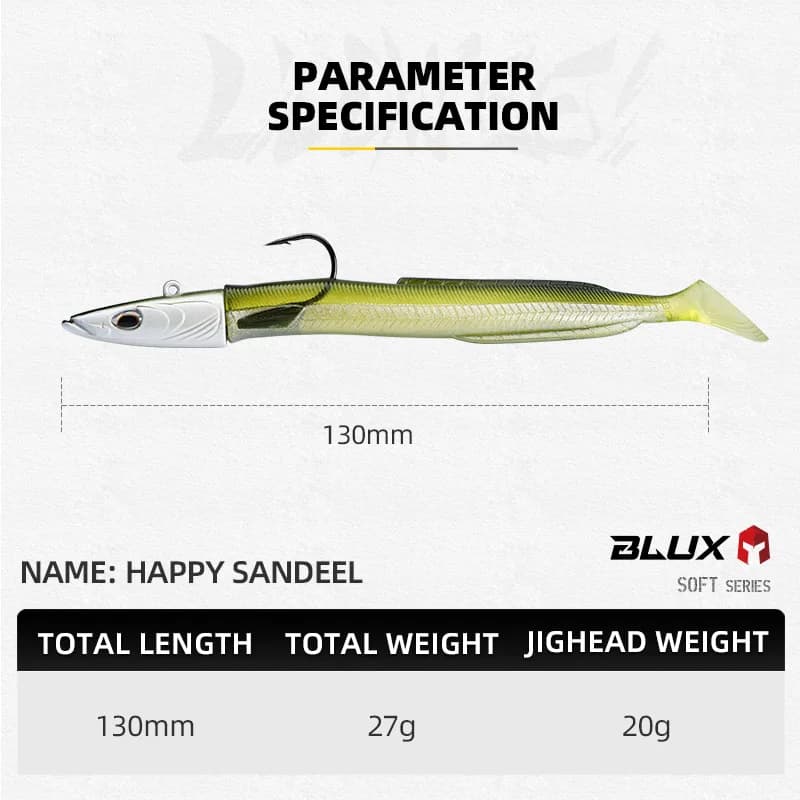 Leurre souple BLUX Happy Sandeel 13cm/27g avec queue palette pour vibrations marines