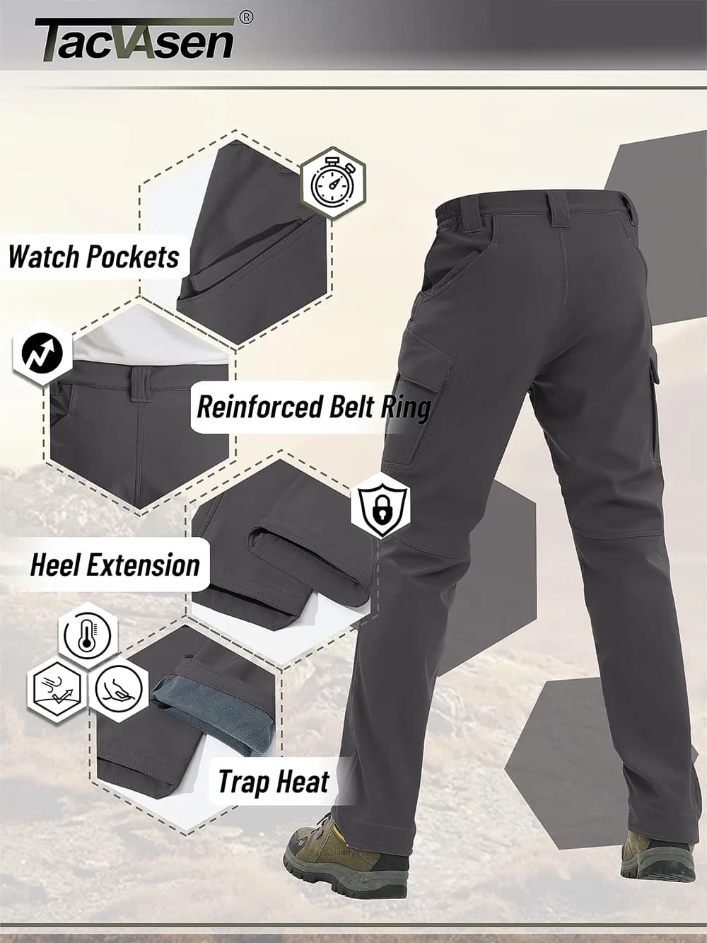 Pantalon hiver TACVASEN IX9 softshell chaud pêche randonnée cargo imperméable polaire homme