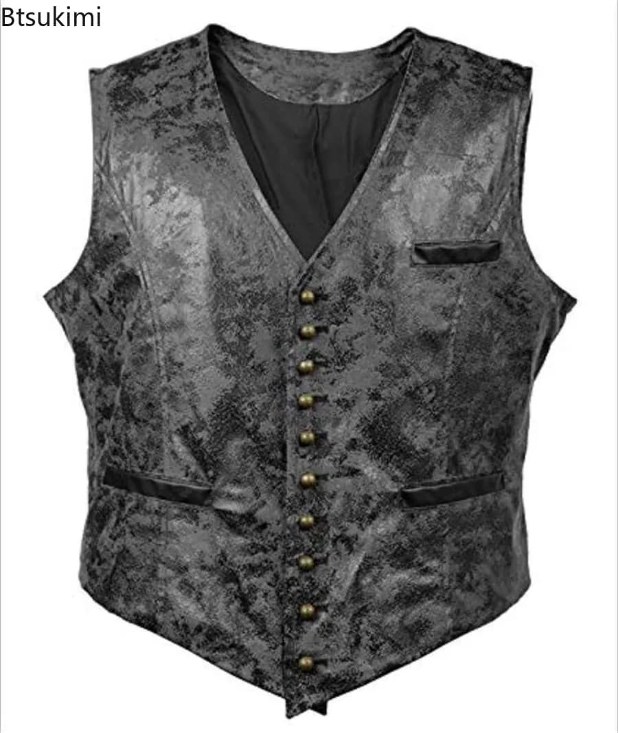 Gilet steampunk slim homme - Veste sans manches cuir faux boutons rivets cowboy costume cosplay