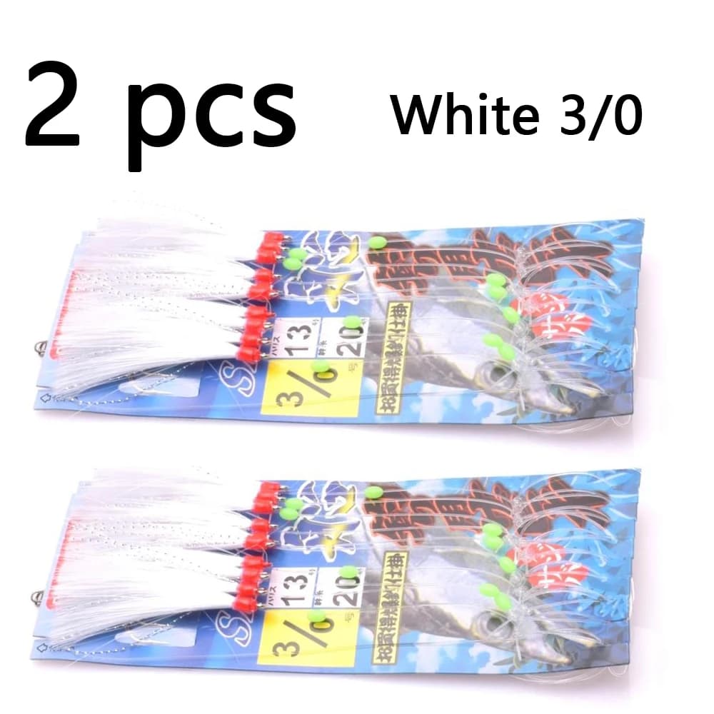 Hameçons lumineux Simulated string hook blanc et vert - 10 pièces pour pêche en mer et bateau