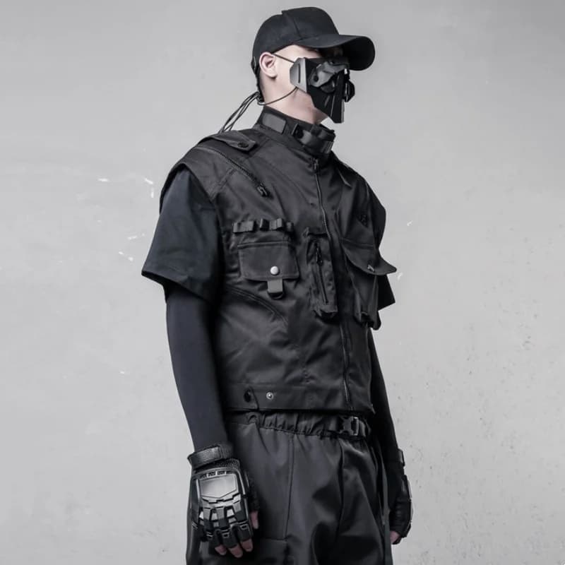 Gilet cargo homme sans manches style techwear tactical, multi-poches avec fermeture éclair et col montant