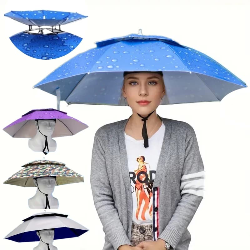 Chapeau parapluie de pêche pliable protection solaire et pluie double couche UV 50+