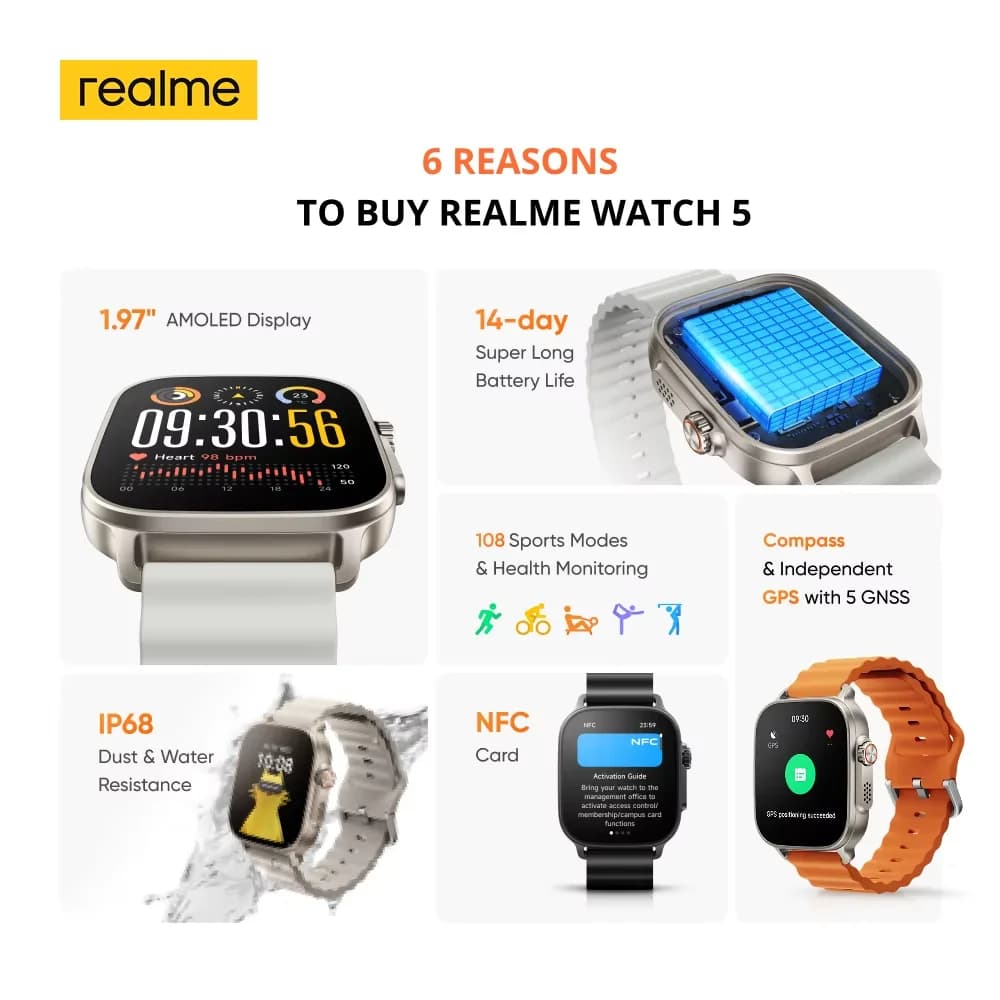 realme watch 5 Version Globale - Montre connectée AMOLED 1,97 pouces 600 nits autonomie 14 jours étanche IP68