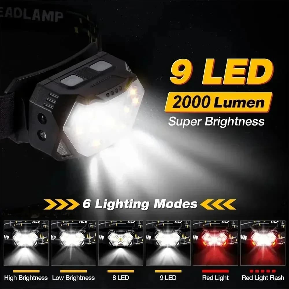 Lampe frontale rechargeable USB avec détecteur de mouvement 9 LED pour pêche camping et travail