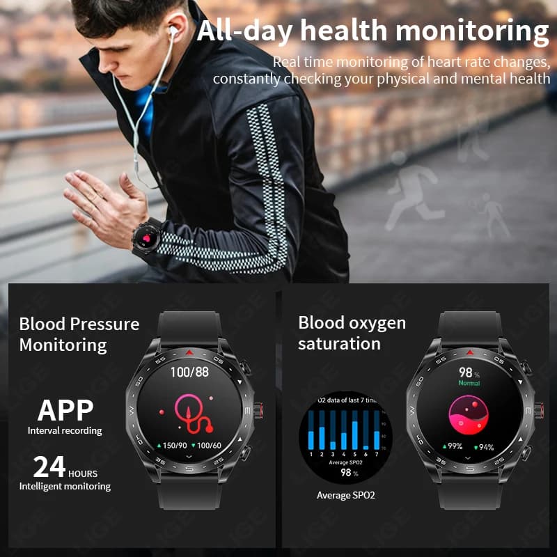 Montre LIGE avec écouteurs intégrés pour pêche : musique, haut-parleur, étanche, écran AMOLED