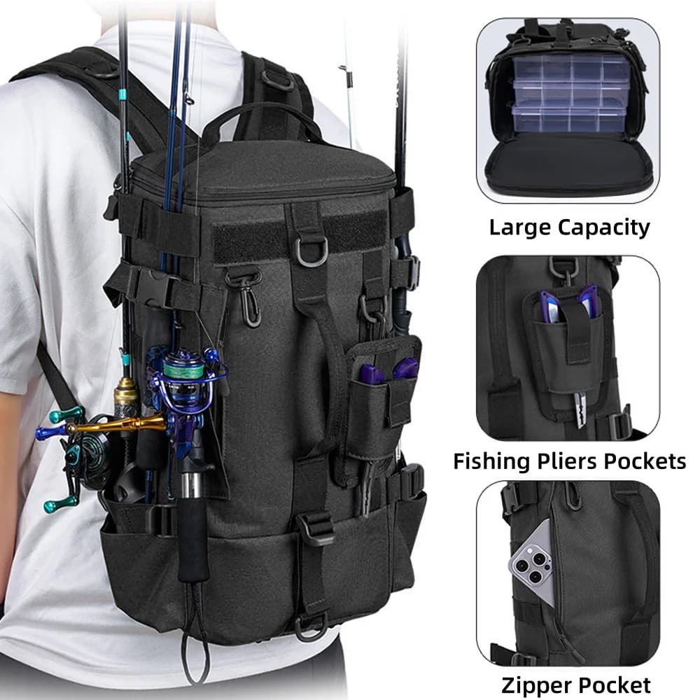 Sac à dos tactique de pêche avec MOLLE - Équipement de pêche et outdoor multifonction avec porte-cannes