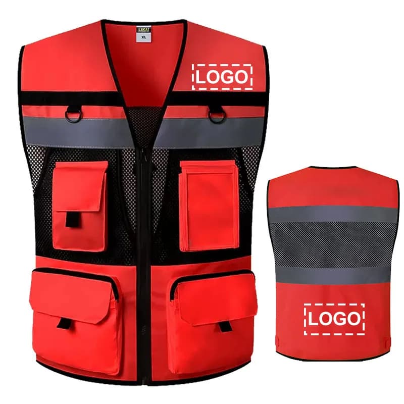Veste construction rouge pêche - Respirante logo personnalisable - Poche outils pêche route