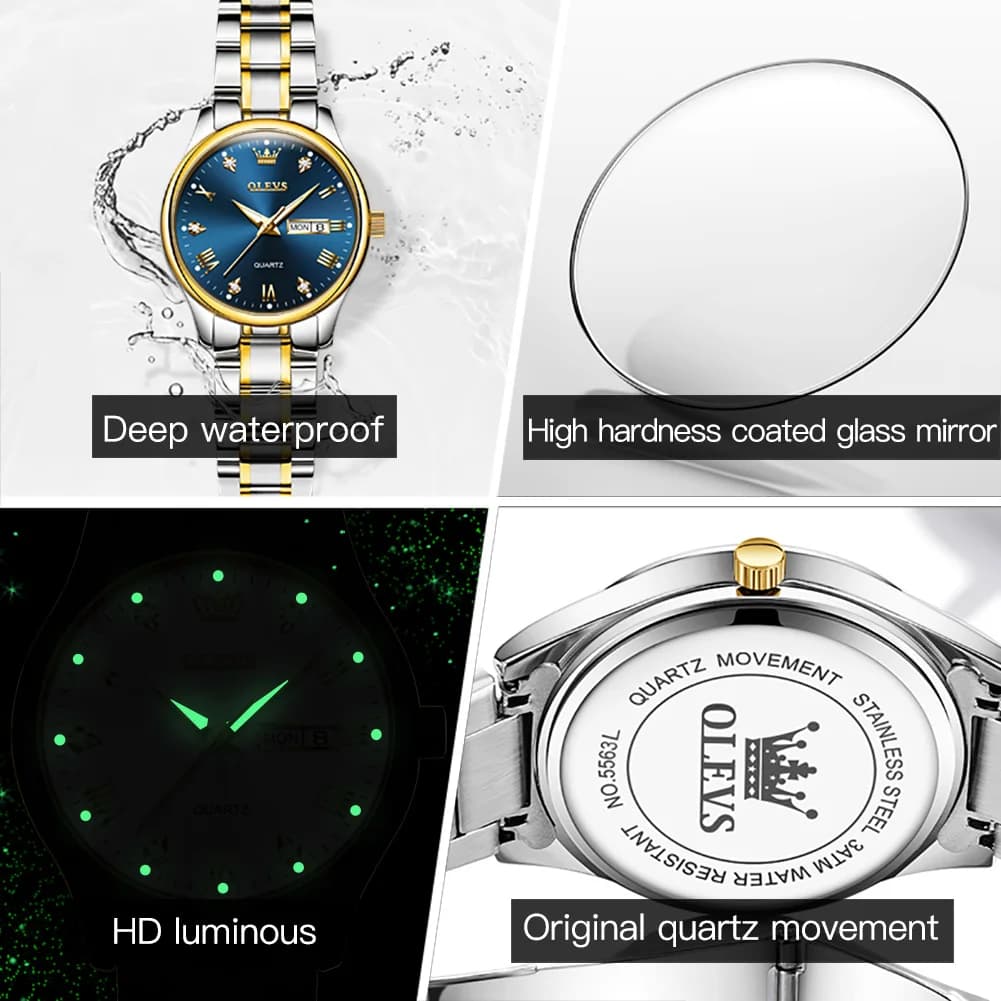 Montre femme luxe OLEVS diamants or acier inoxydable étanche calendrier date cadran lumineux bracelet métal