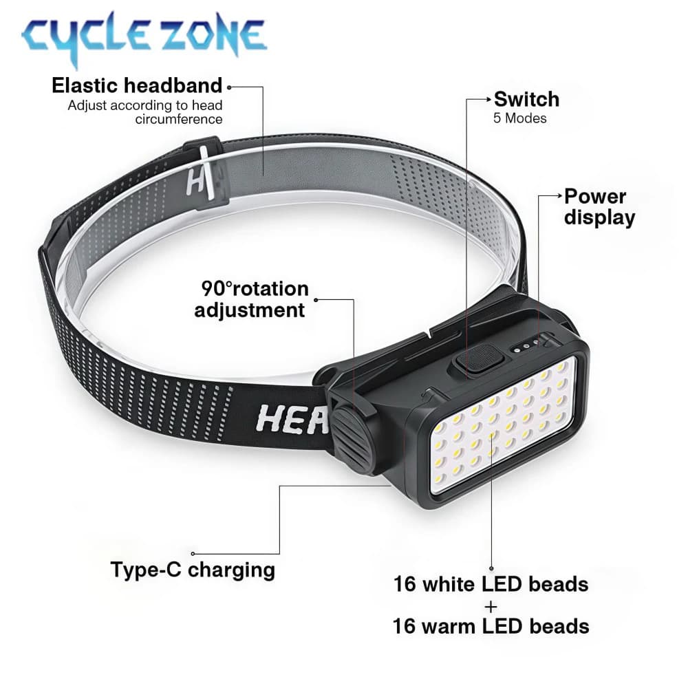 Frontale rechargeable 32 LED 5 modes ajustable pour pêche randonnée - éclairage portable aventure