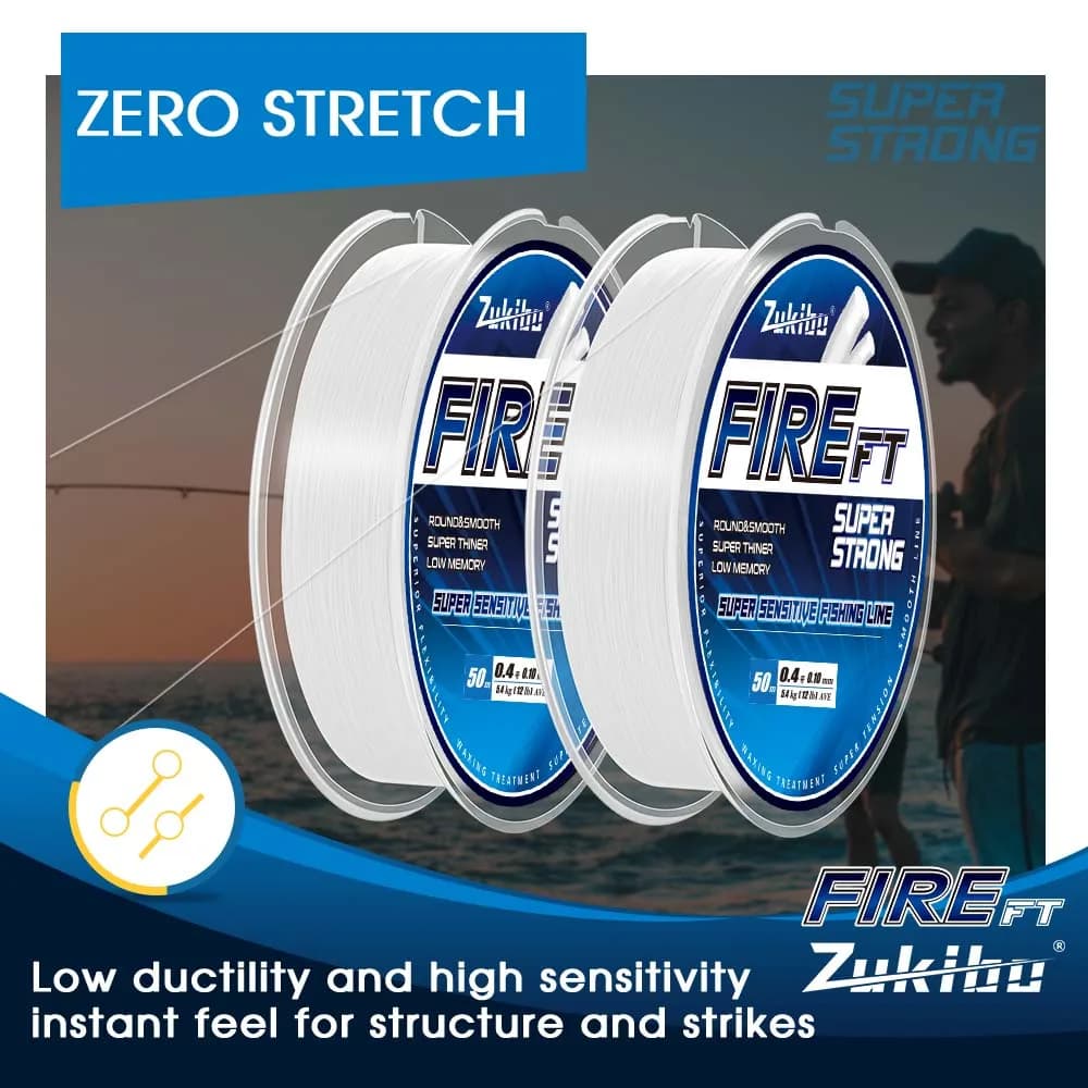 Ligne de pêche microfusée ZUKIBO FIRE FT monofilament haute résistance pour pêche fine et glace