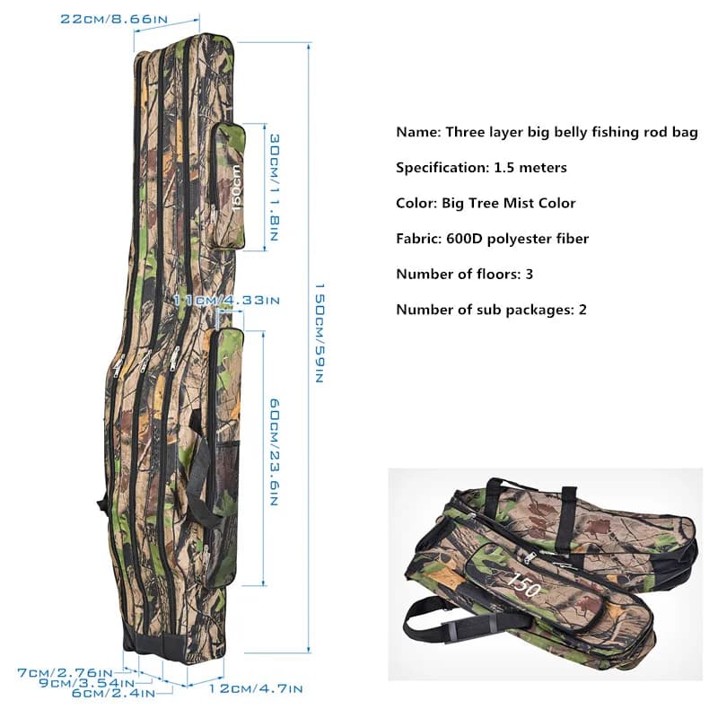 Sac canne mer 1.2m-1.5m pliable 3 couches - Grand volume pêche côtière française