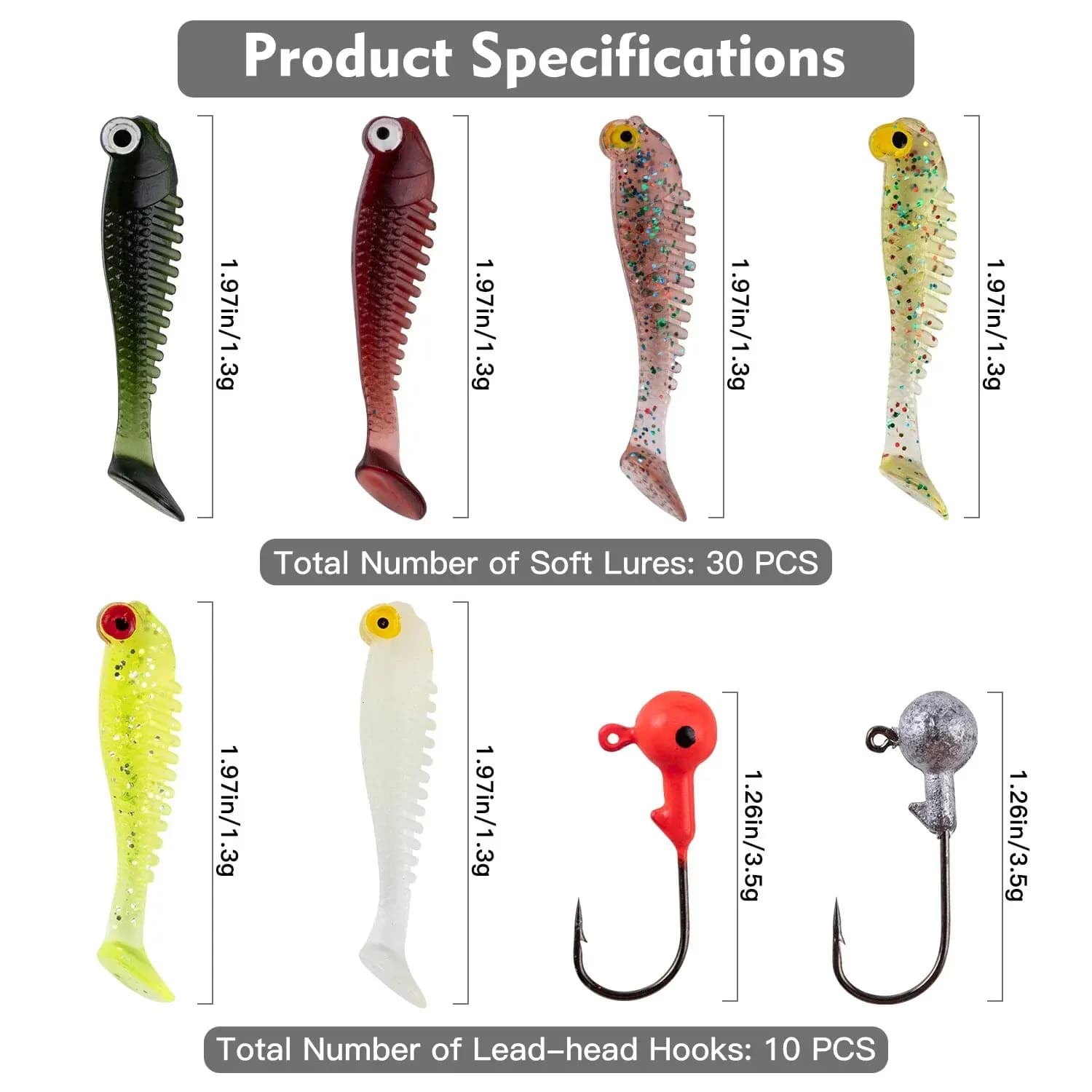 Kit 40 leurres souples 5cm avec têtes plombées - Boîte de pêche complète pour carnassiers