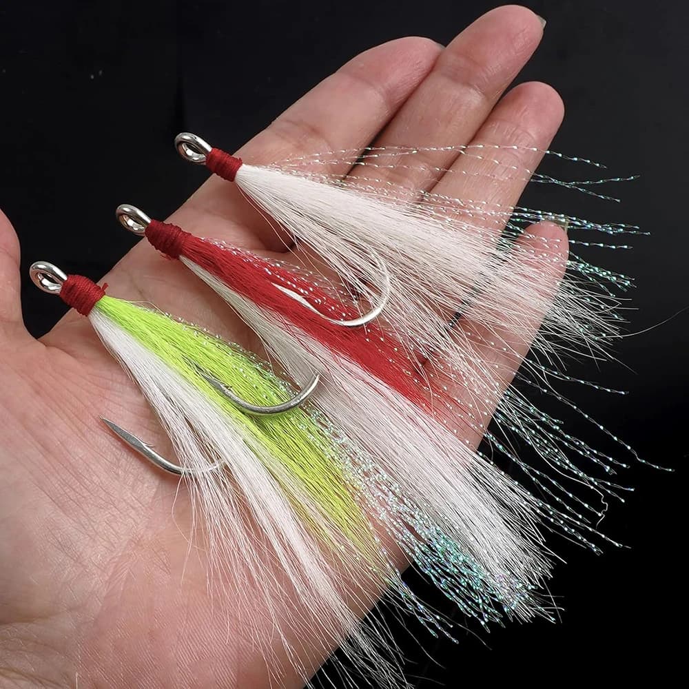 Hameçons jig avec bucktail teasers 2 pièces pour pêche sèche saumon carnassier leurres flash