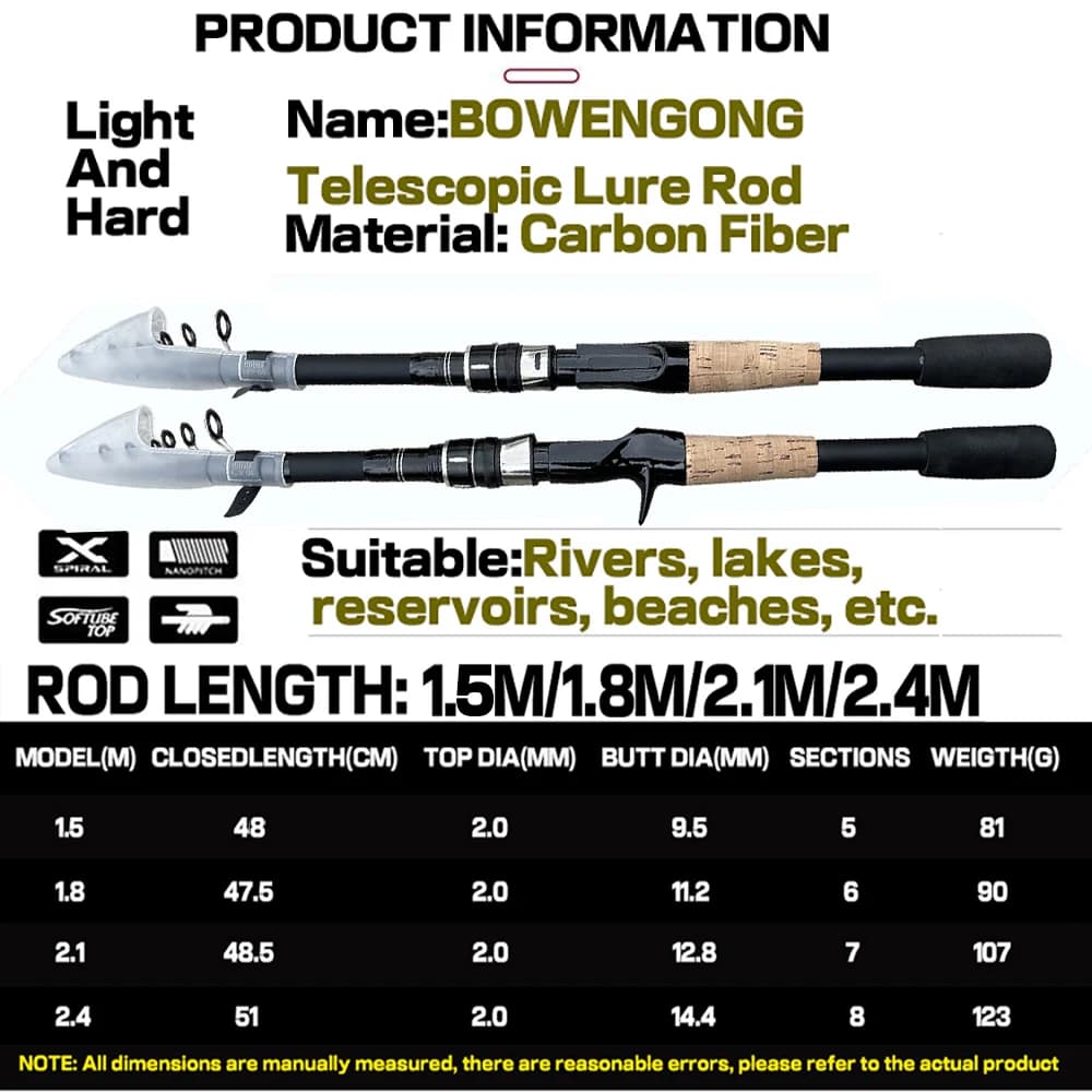 Canne télescopique leurres 1.5m à 2.4m carbone casting 8g-25g - Canne voyage manche bois pêche nomade